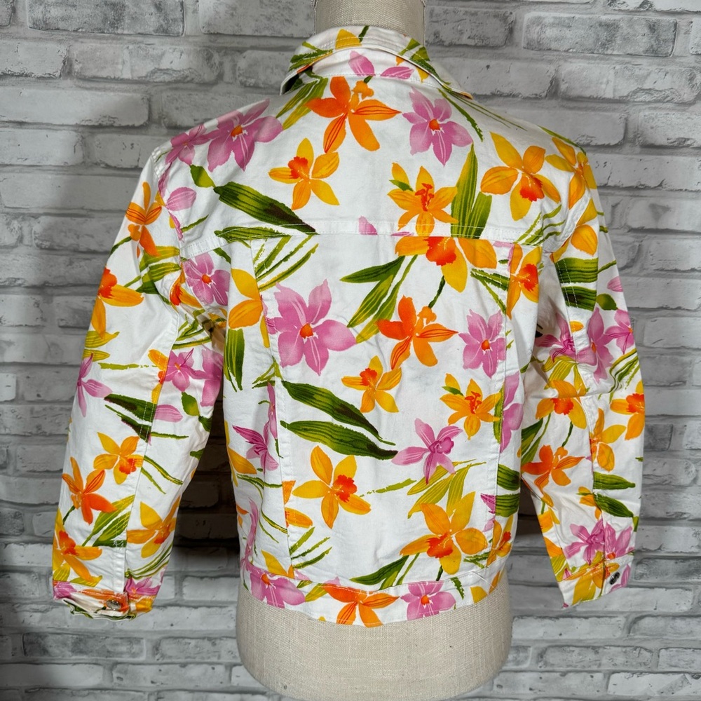 Vintage White Pink Orange Tropical Floral Jean Jacket Half Sleeves - Picture 4 of 14